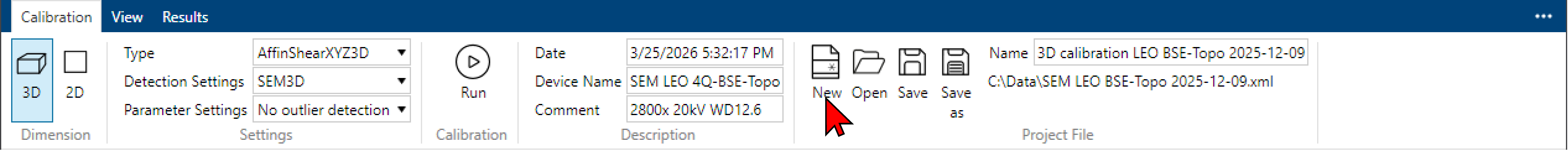 Calibration toolbar - create new project